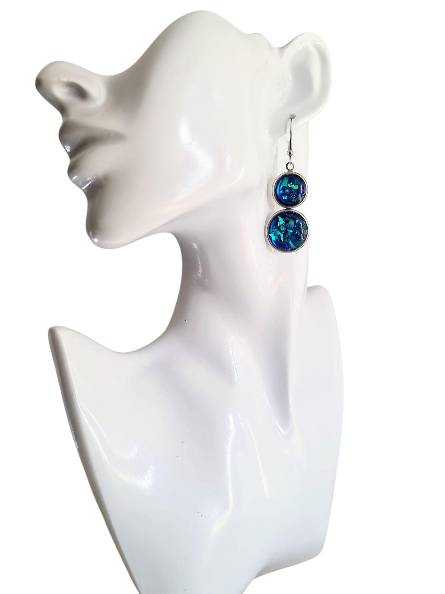 Opal Design Double Circle Drop Earrings, 3 Colours to Choose - Blue, Teal, Purple Dangles, Statement Resin Hypoallergenic Handmade Earrings