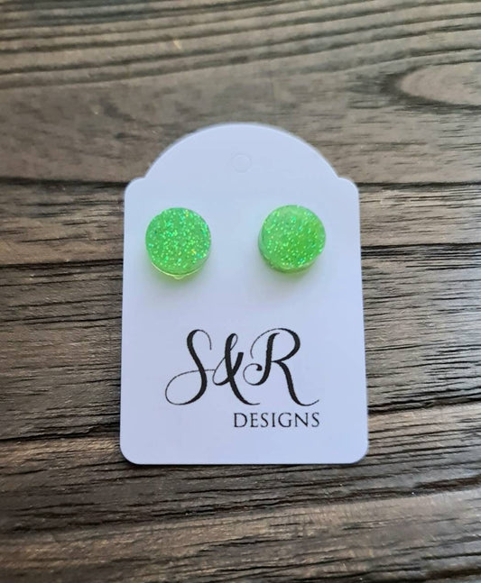 Circle Dot Resin Stud Earrings, Light Green Holographic Glitter Earrings. Stainless Steel Stud Earrings. 12mm, 10mm or 8mm