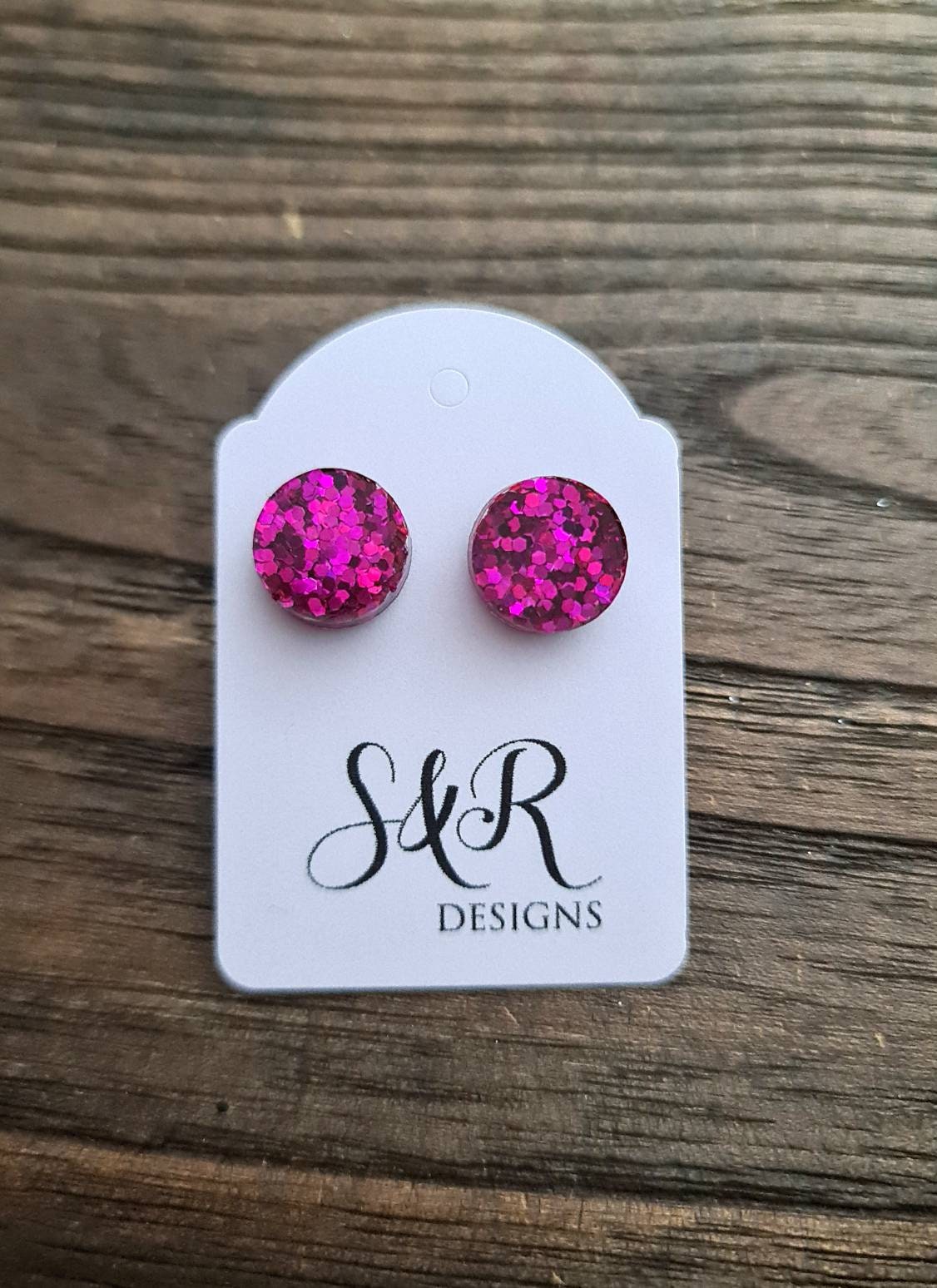 Hot Pink Circle Dot Resin Stud Earrings, Hot Pink Glitter Earrings. Stainless Steel Stud Earrings. 15mm, 12mm, 10mm or 8mm