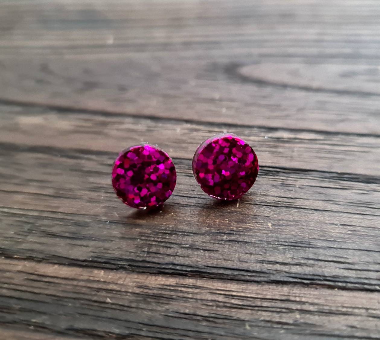 Hot Pink Circle Dot Resin Stud Earrings, Hot Pink Glitter Earrings. Stainless Steel Stud Earrings. 15mm, 12mm, 10mm or 8mm