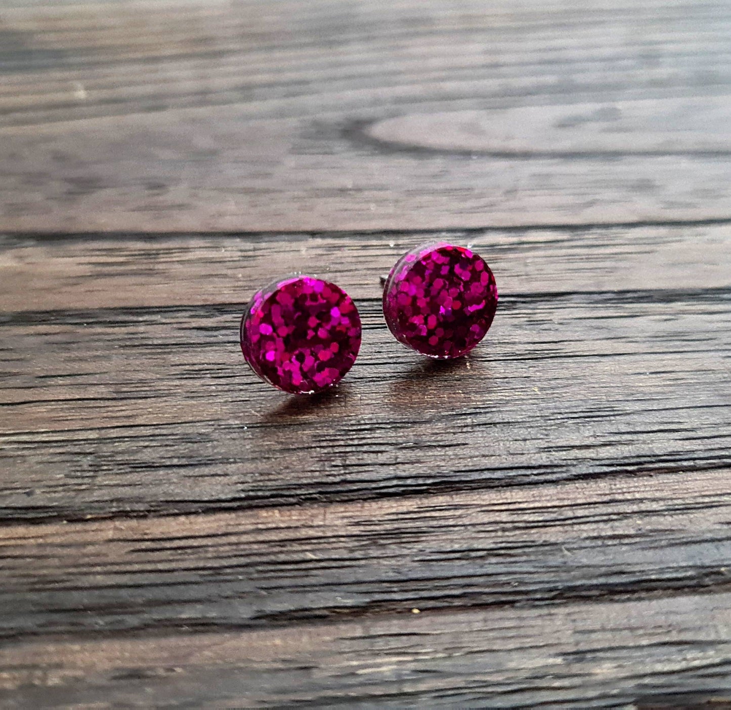Hot Pink Circle Dot Resin Stud Earrings, Hot Pink Glitter Earrings. Stainless Steel Stud Earrings. 15mm, 12mm, 10mm or 8mm