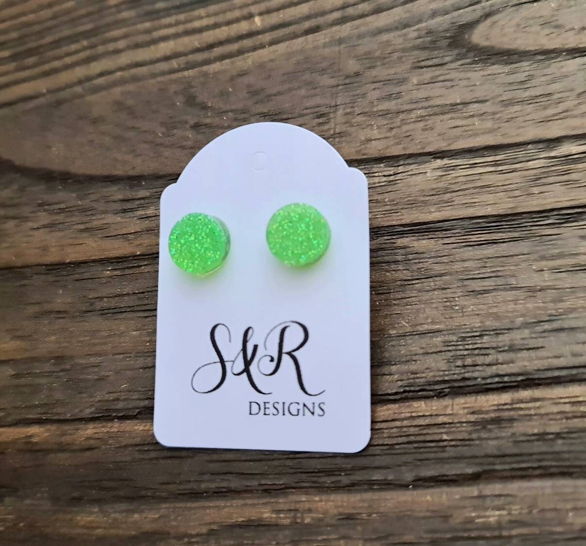Circle Dot Resin Stud Earrings, Light Green Holographic Glitter Earrings. Stainless Steel Stud Earrings. 12mm, 10mm or 8mm