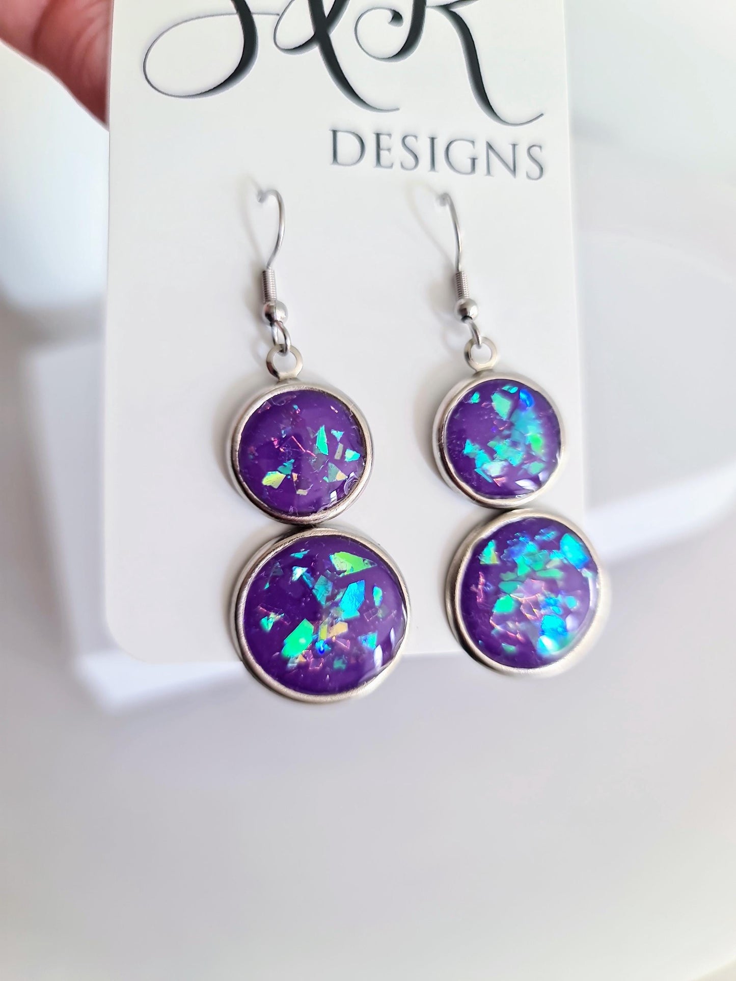 Opal Design Double Circle Drop Earrings, 3 Colours to Choose - Blue, Teal, Purple Dangles, Statement Resin Hypoallergenic Handmade Earrings
