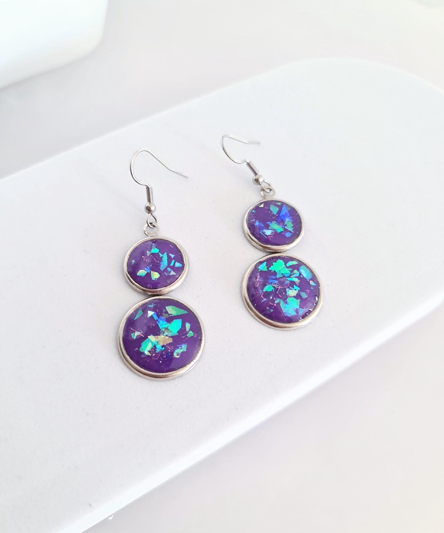Opal Design Double Circle Drop Earrings, 3 Colours to Choose - Blue, Teal, Purple Dangles, Statement Resin Hypoallergenic Handmade Earrings