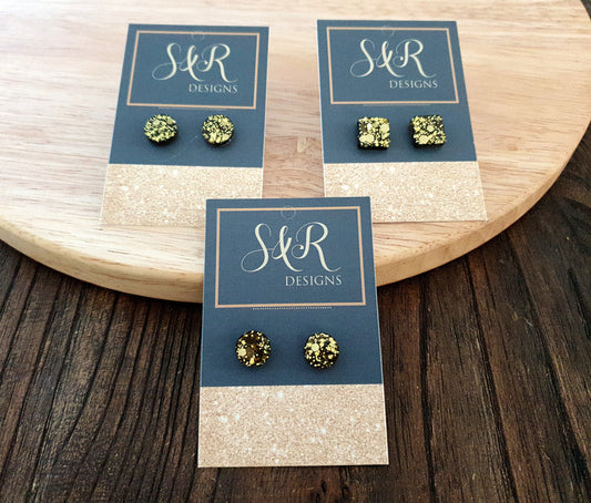 Gold Circle Dot Resin Stud Earrings or Square Glitter Earrings, Choose your Style. Stainless Steel Minimalist Stud Earrings. 10mm or 11mm