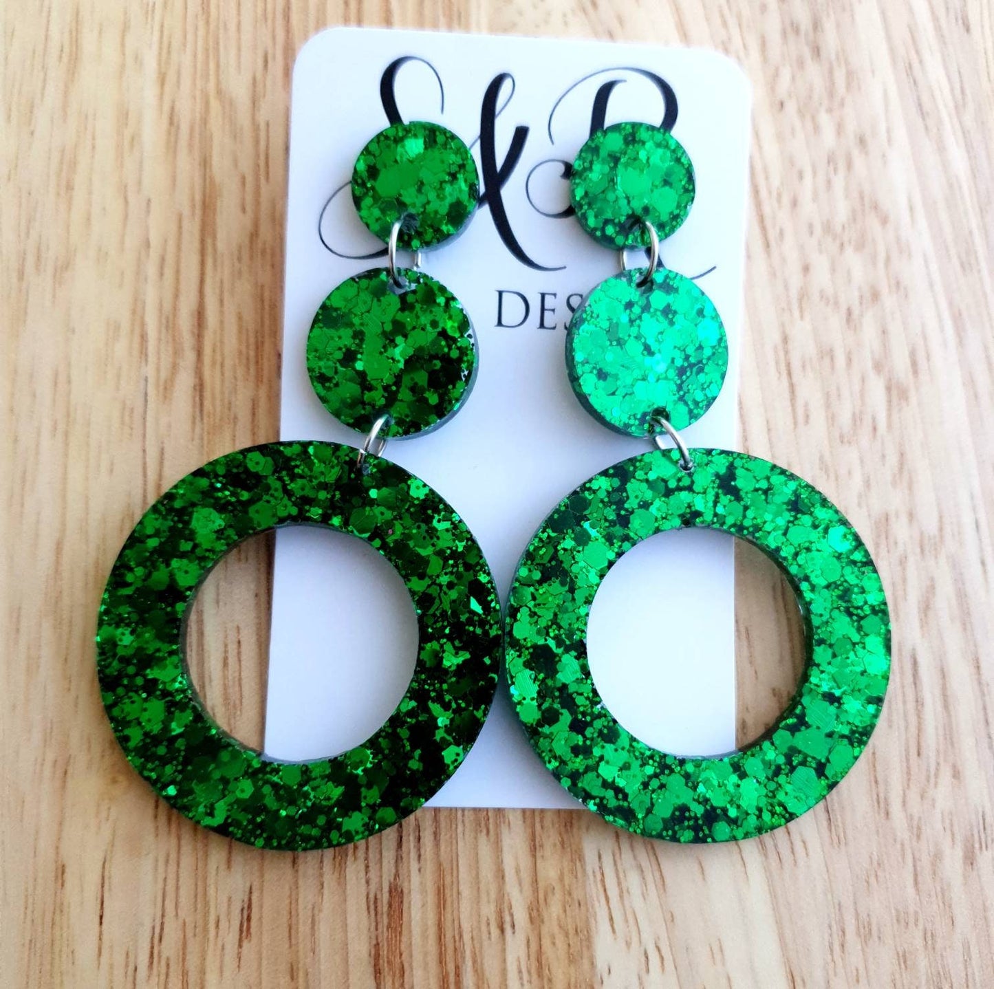 Emerald Green Extra Long Hoop Circle Earrings, Emerald Green Circle Glitter Dangles, Statement Earrings
