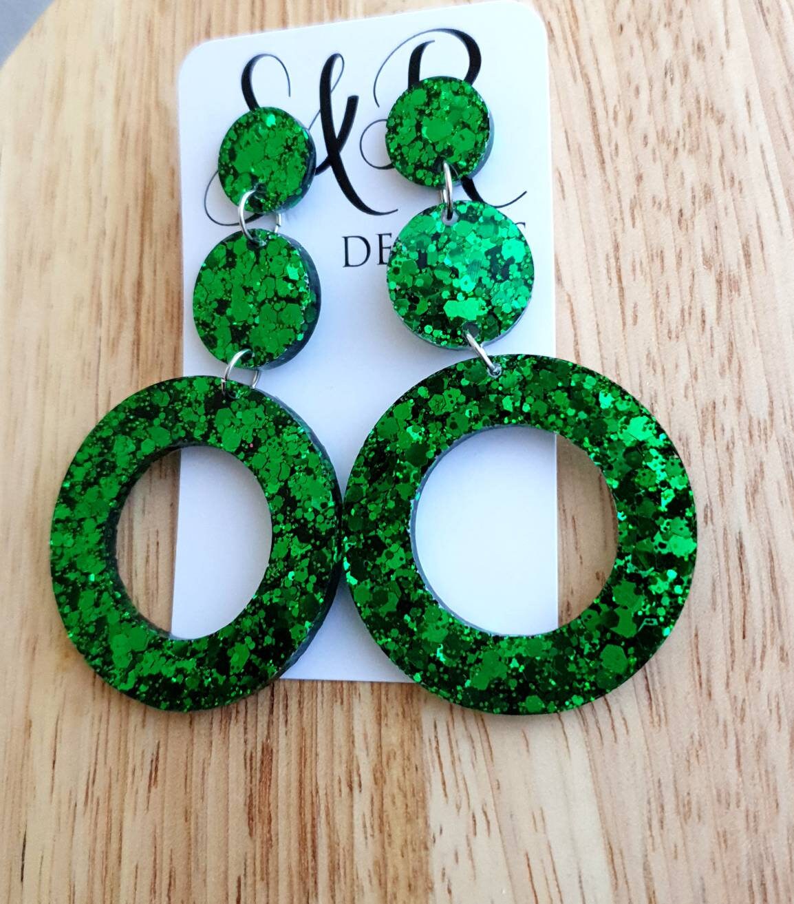 Emerald Green Extra Long Hoop Circle Earrings, Emerald Green Circle Glitter Dangles, Statement Earrings