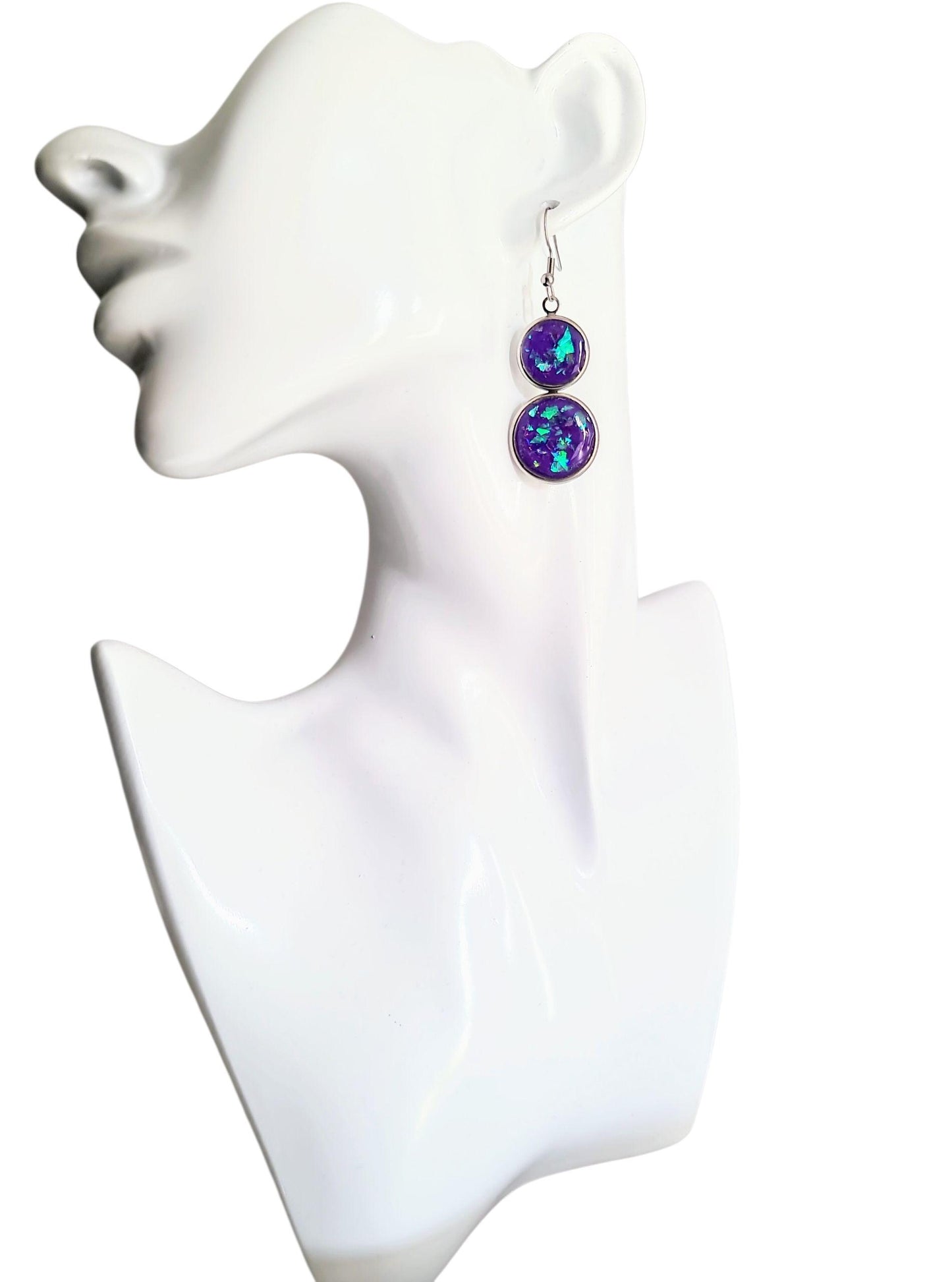 Opal Design Double Circle Drop Earrings, 3 Colours to Choose - Blue, Teal, Purple Dangles, Statement Resin Hypoallergenic Handmade Earrings