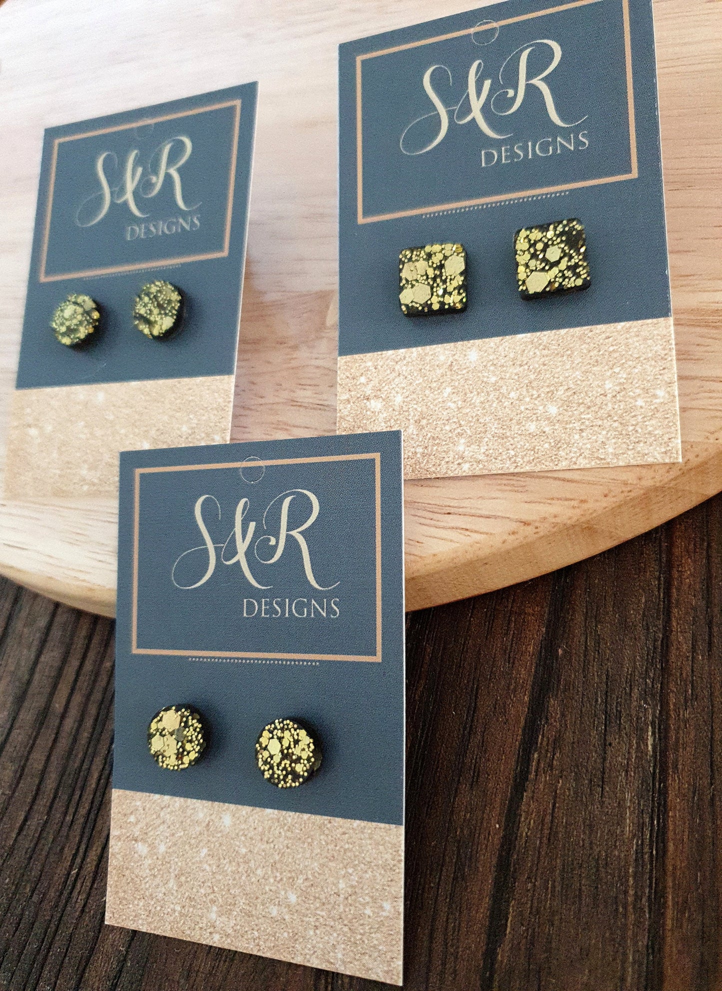 Gold Circle Dot Resin Stud Earrings or Square Glitter Earrings, Choose your Style. Stainless Steel Minimalist Stud Earrings. 10mm or 11mm