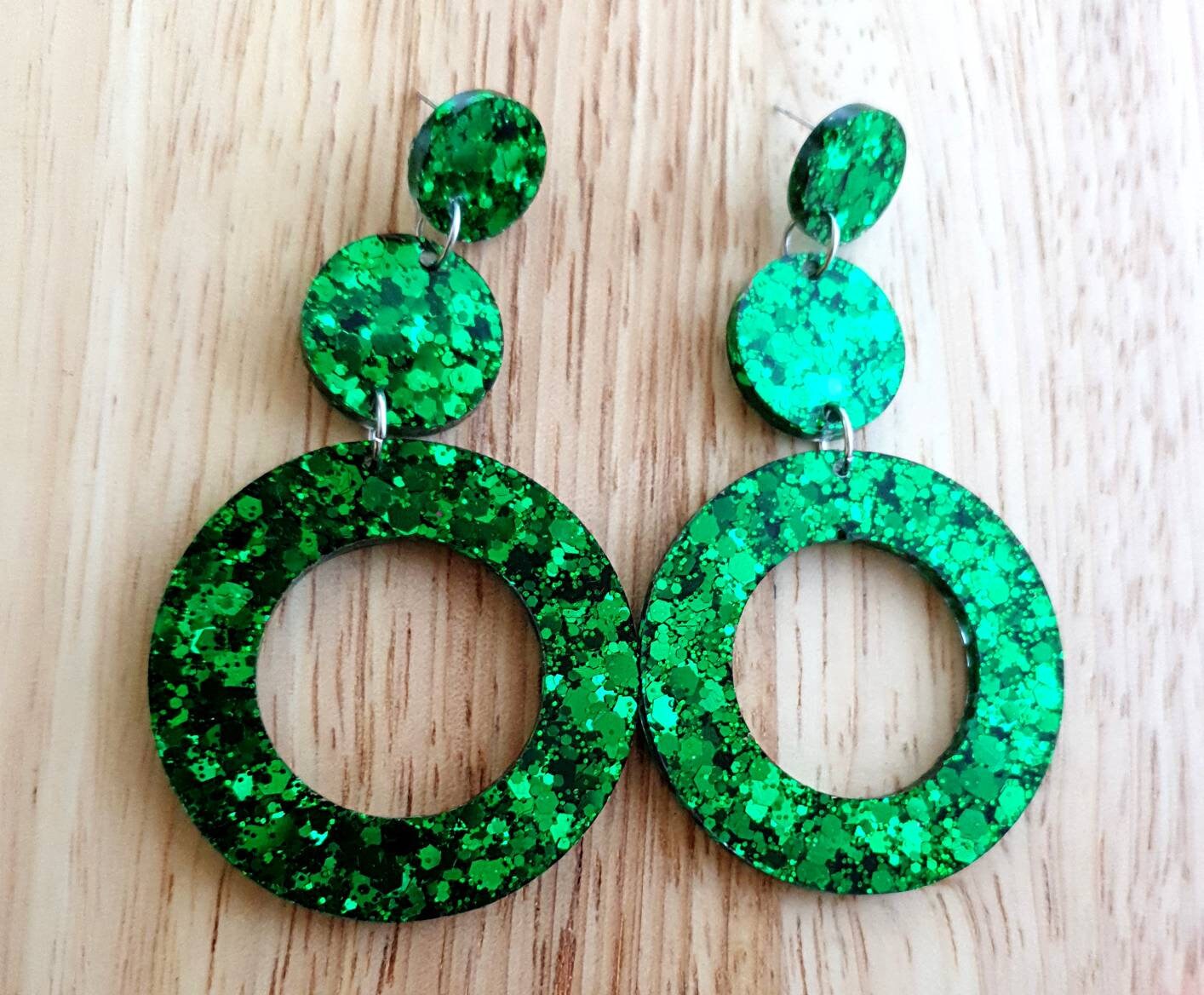 Emerald Green Extra Long Hoop Circle Earrings, Emerald Green Circle Glitter Dangles, Statement Earrings