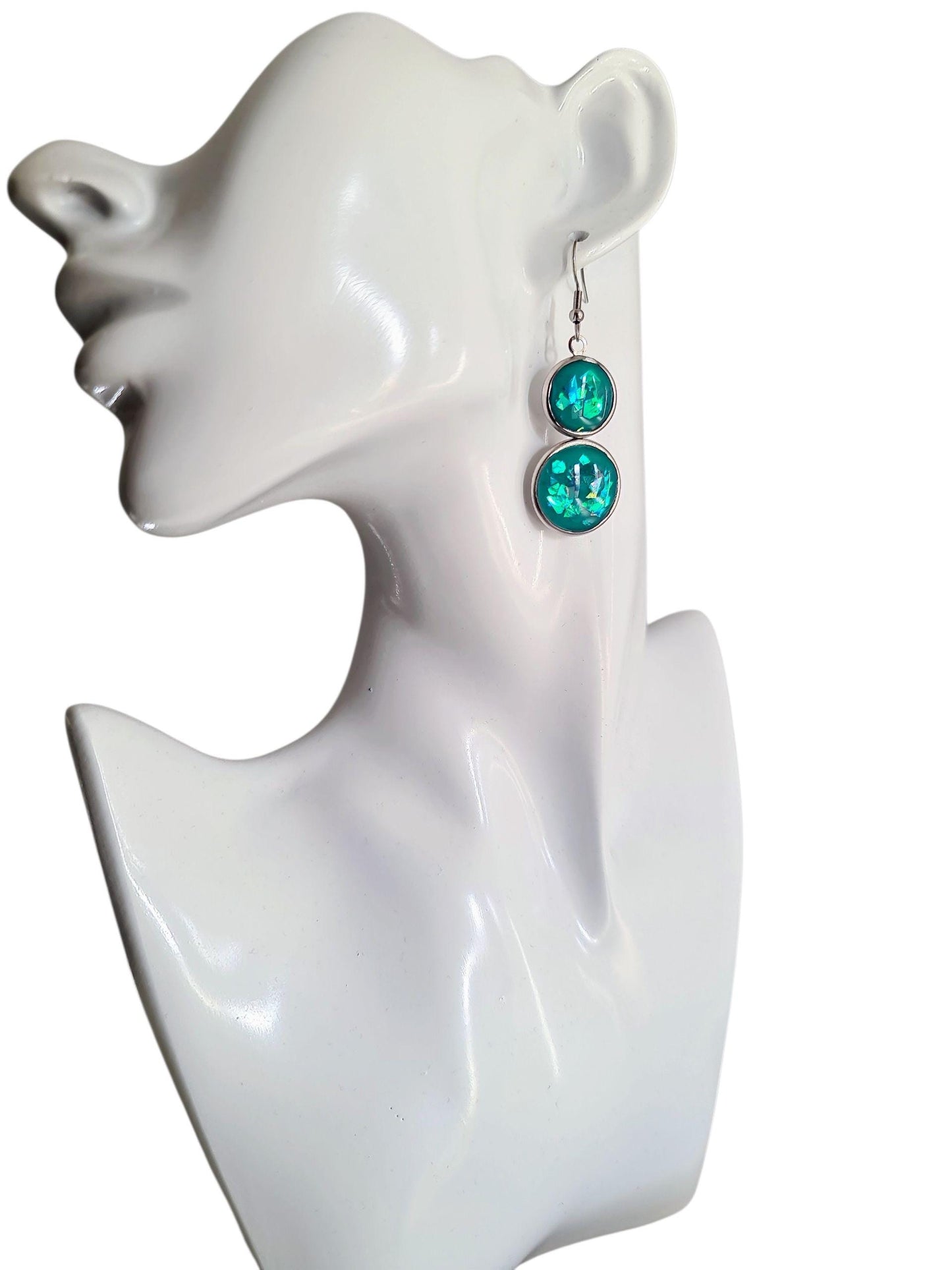 Opal Design Double Circle Drop Earrings, 3 Colours to Choose - Blue, Teal, Purple Dangles, Statement Resin Hypoallergenic Handmade Earrings