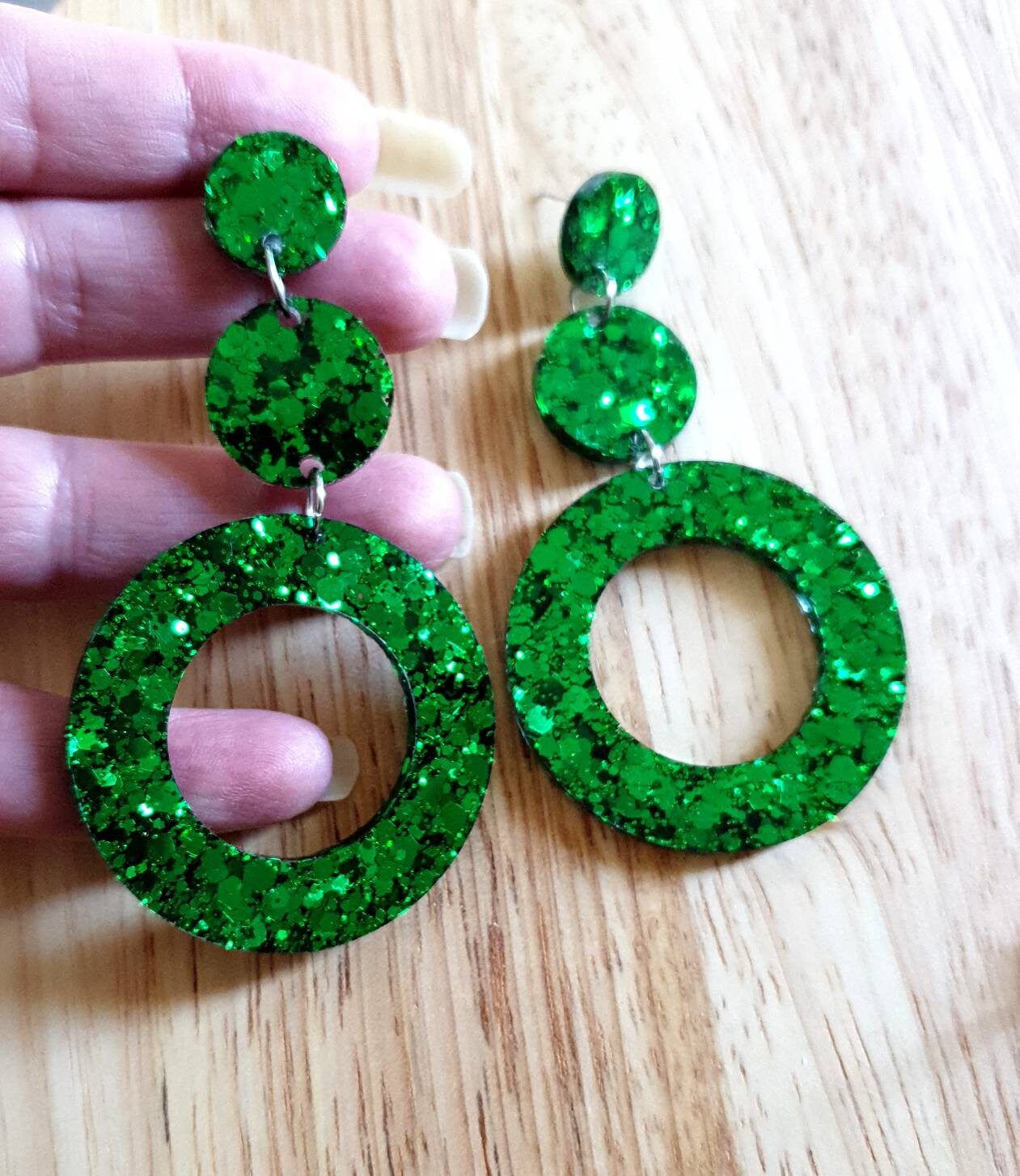 Emerald Green Extra Long Hoop Circle Earrings, Emerald Green Circle Glitter Dangles, Statement Earrings