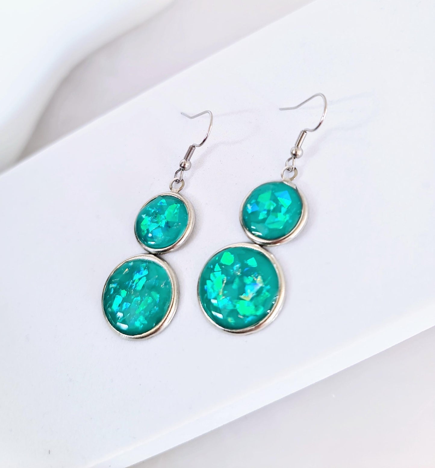 Opal Design Double Circle Drop Earrings, 3 Colours to Choose - Blue, Teal, Purple Dangles, Statement Resin Hypoallergenic Handmade Earrings