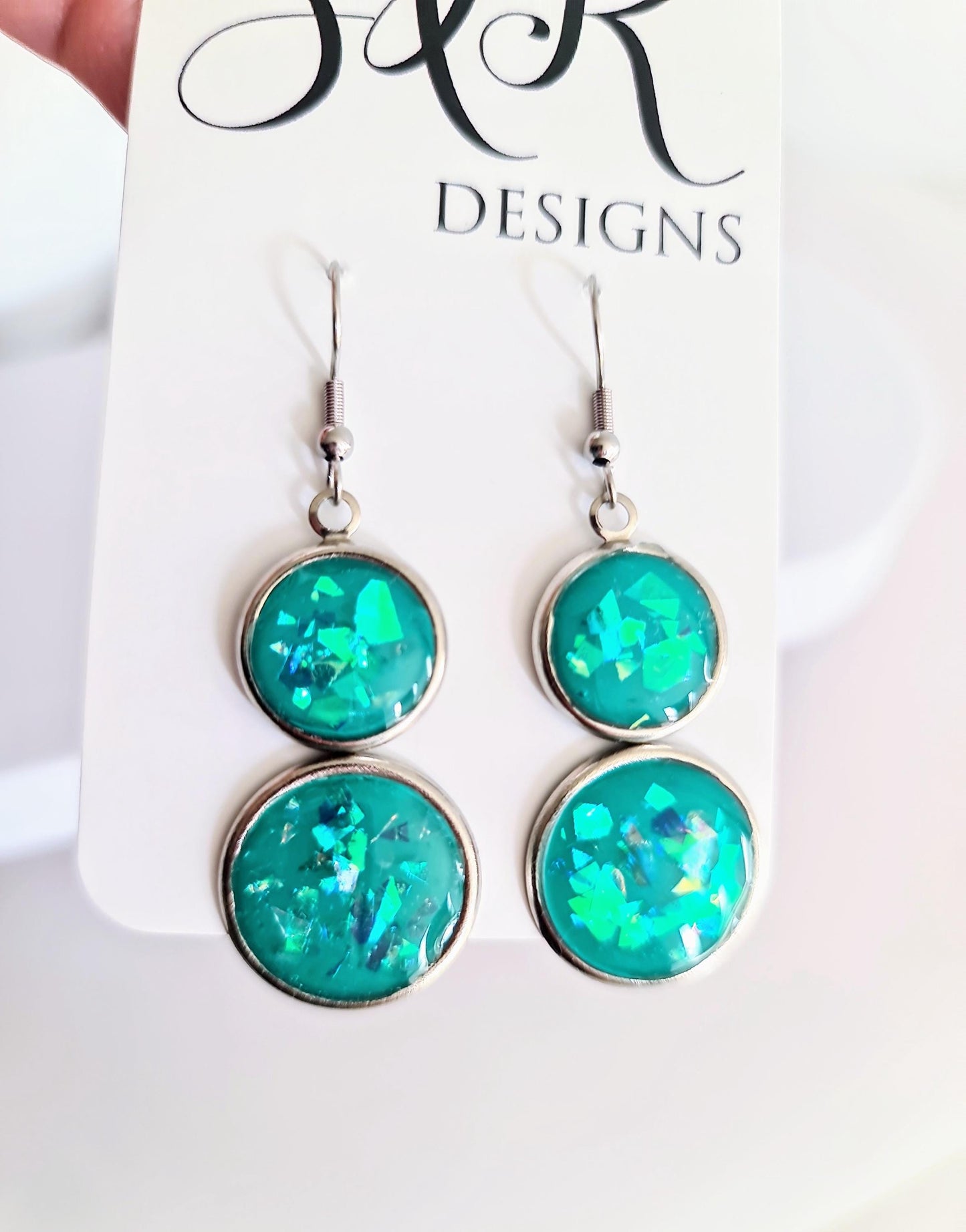 Opal Design Double Circle Drop Earrings, 3 Colours to Choose - Blue, Teal, Purple Dangles, Statement Resin Hypoallergenic Handmade Earrings
