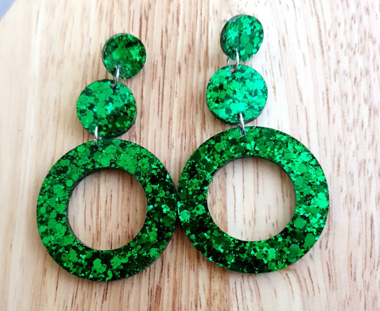 Emerald Green Extra Long Hoop Circle Earrings, Emerald Green Circle Glitter Dangles, Statement Earrings