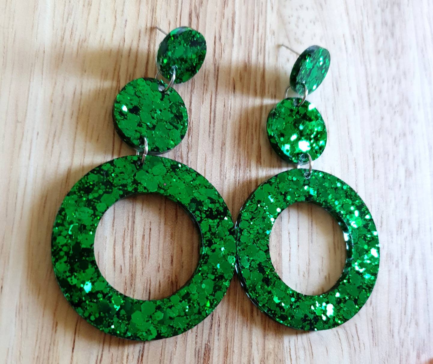 Emerald Green Extra Long Hoop Circle Earrings, Emerald Green Circle Glitter Dangles, Statement Earrings
