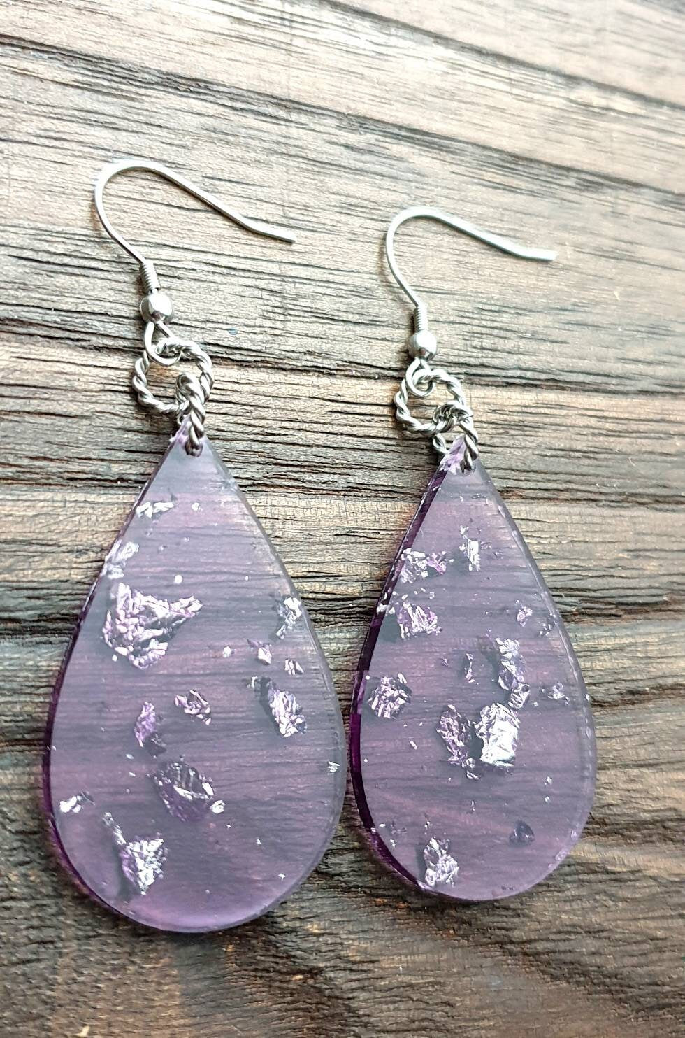 Silver Leaf mixed Purple Resin Teardrop Dangle Statement Earrings