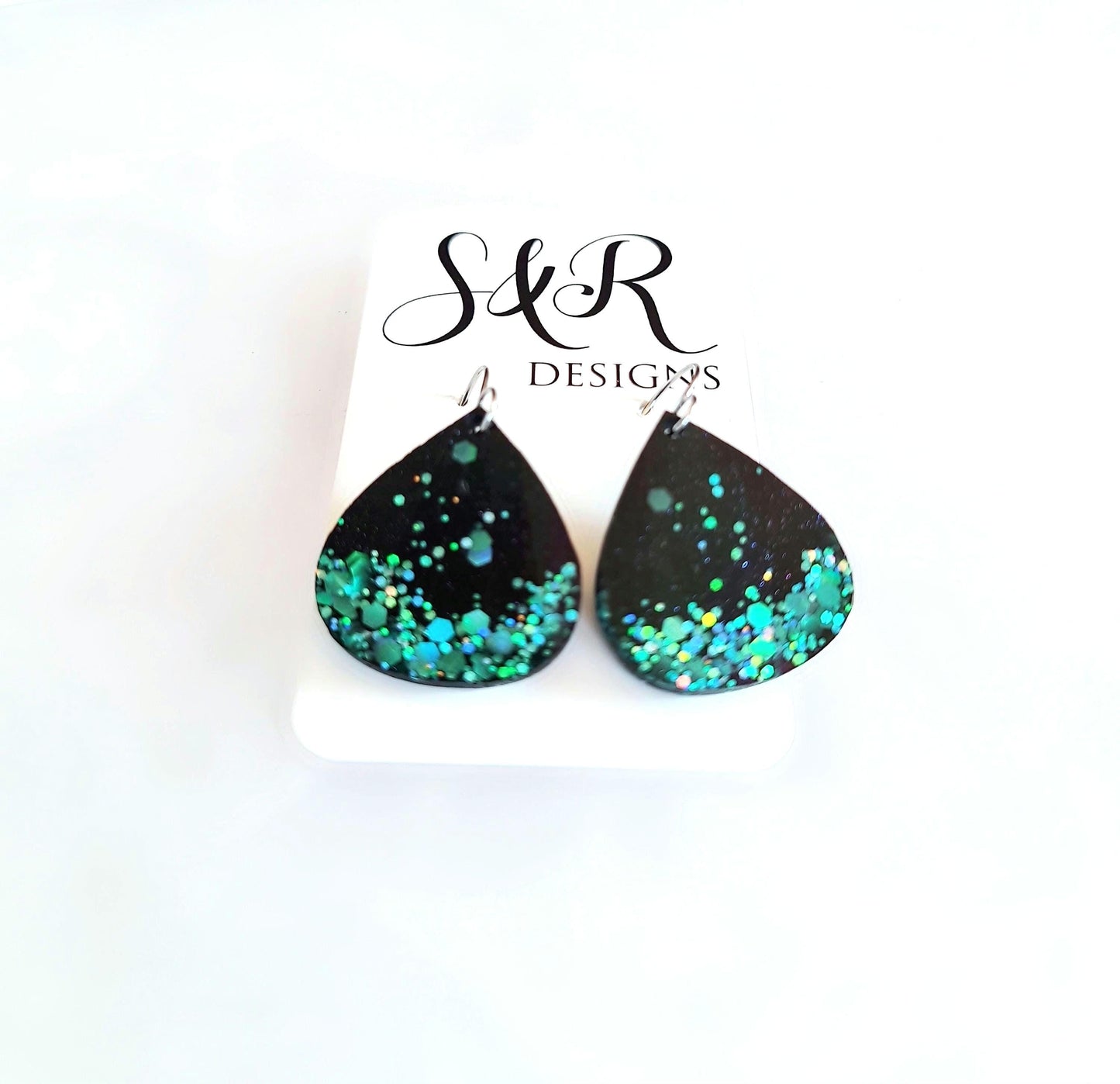 Teardrop Dangles, Holographic Turquoise Teardrop Earwire Earrings, Glitter Changing with Holographic Design, Geometric Statement Earrings