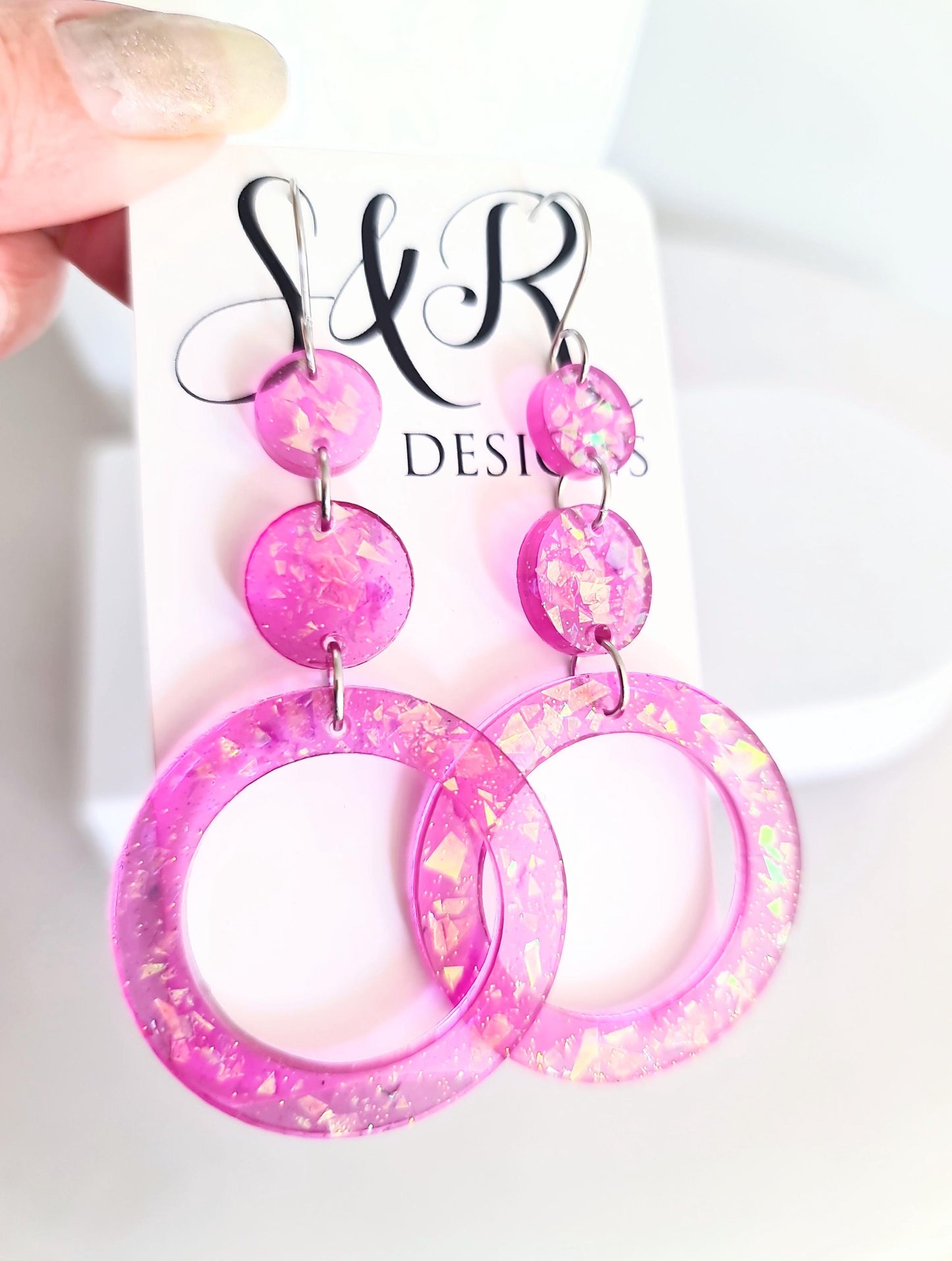 Iridescent Pink Circle Long Resin Earrings, Statement Holographic Handmade Glitter Earrings, Stainless Steel Hypoallergenic Earrings. Gift