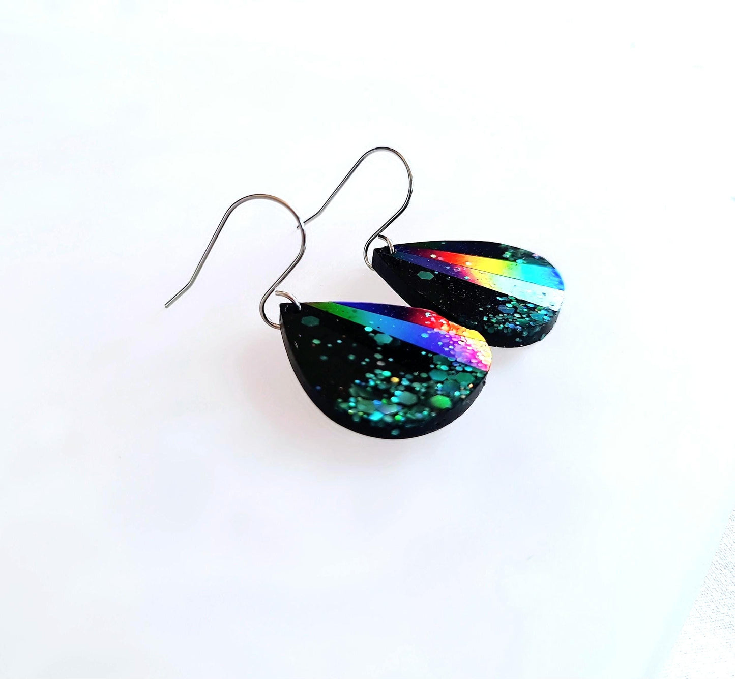 Teardrop Dangles, Holographic Turquoise Teardrop Earwire Earrings, Glitter Changing with Holographic Design, Geometric Statement Earrings
