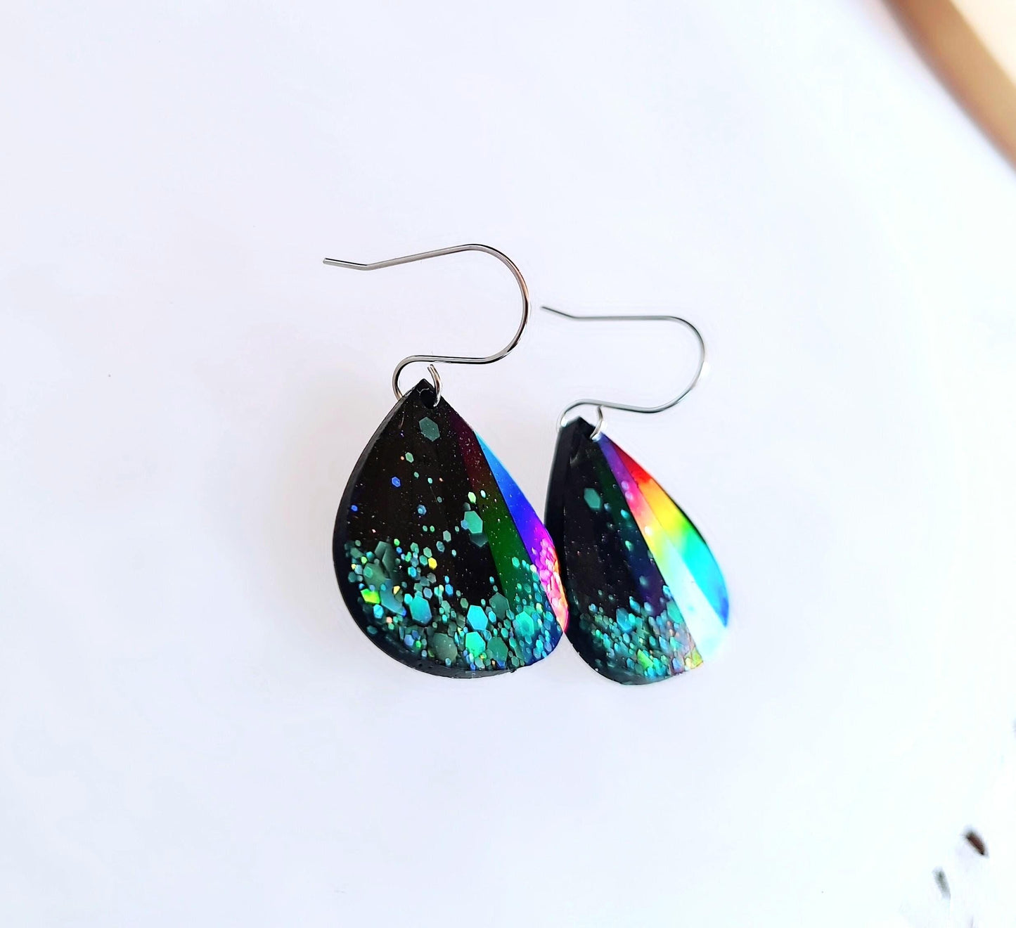 Teardrop Dangles, Holographic Turquoise Teardrop Earwire Earrings, Glitter Changing with Holographic Design, Geometric Statement Earrings