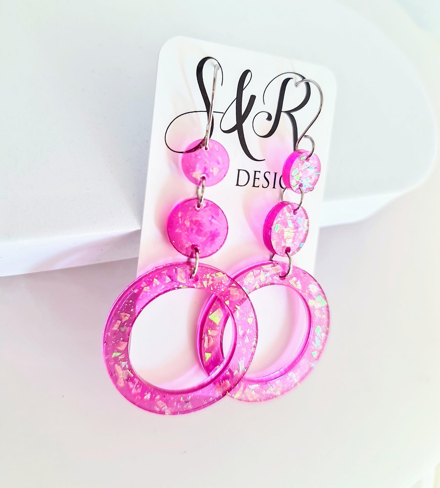 Iridescent Pink Circle Long Resin Earrings, Statement Holographic Handmade Glitter Earrings, Stainless Steel Hypoallergenic Earrings. Gift