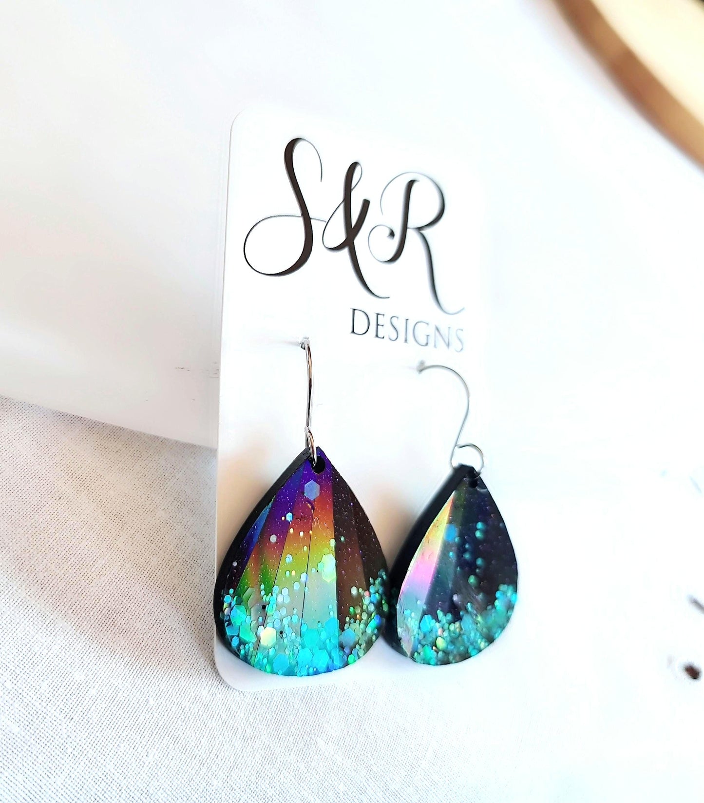 Teardrop Dangles, Holographic Turquoise Teardrop Earwire Earrings, Glitter Changing with Holographic Design, Geometric Statement Earrings