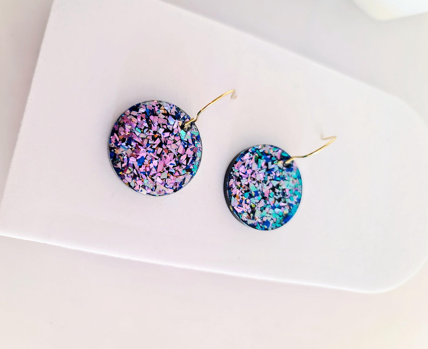Multicolor Resin Circle Dangle Earrings, Glitter Statement Jewellery Hypoallergenic
