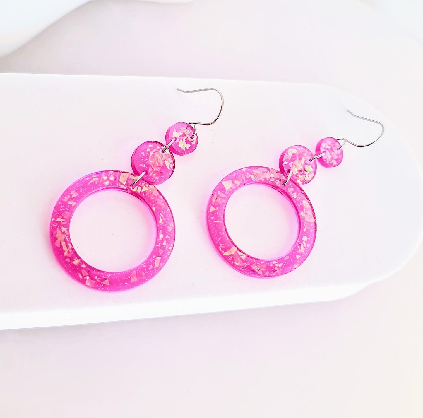 Iridescent Pink Circle Long Resin Earrings, Statement Holographic Handmade Glitter Earrings, Stainless Steel Hypoallergenic Earrings. Gift