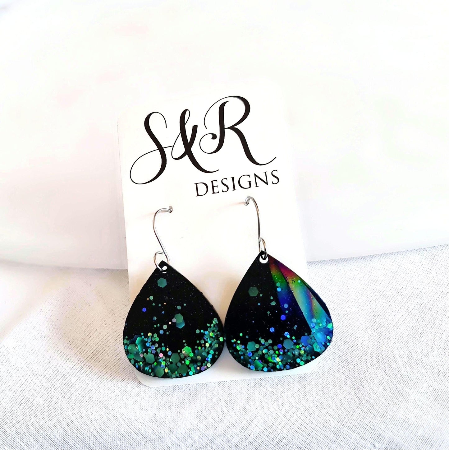 Teardrop Dangles, Holographic Turquoise Teardrop Earwire Earrings, Glitter Changing with Holographic Design, Geometric Statement Earrings