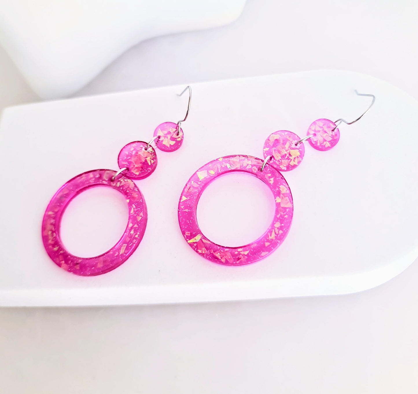 Iridescent Pink Circle Long Resin Earrings, Statement Holographic Handmade Glitter Earrings, Stainless Steel Hypoallergenic Earrings. Gift