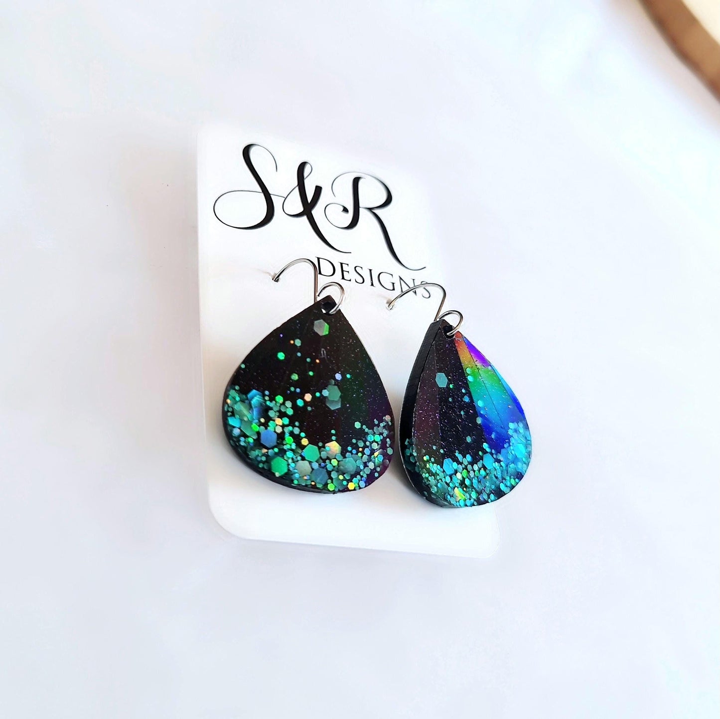 Teardrop Dangles, Holographic Turquoise Teardrop Earwire Earrings, Glitter Changing with Holographic Design, Geometric Statement Earrings
