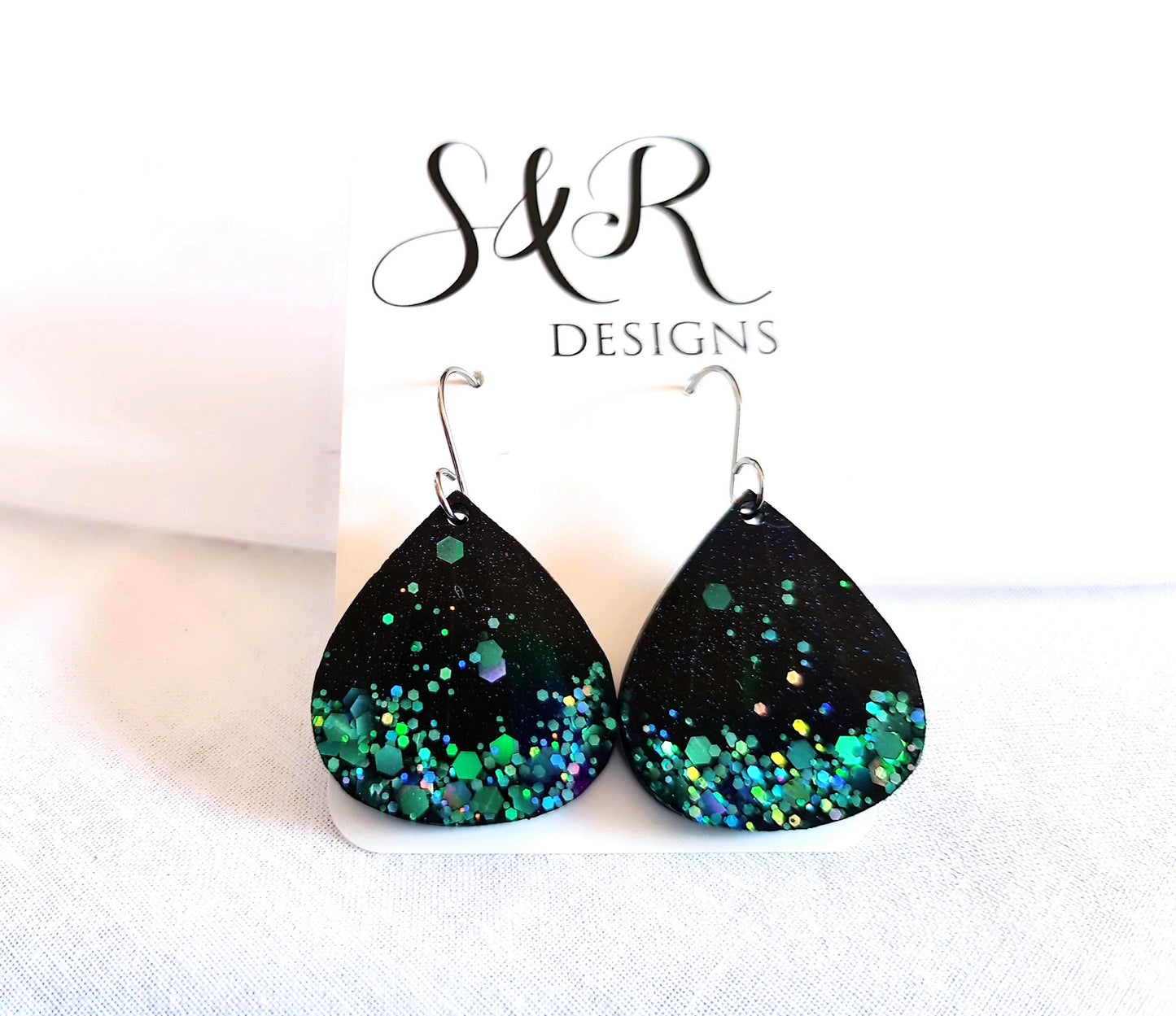 Teardrop Dangles, Holographic Turquoise Teardrop Earwire Earrings, Glitter Changing with Holographic Design, Geometric Statement Earrings