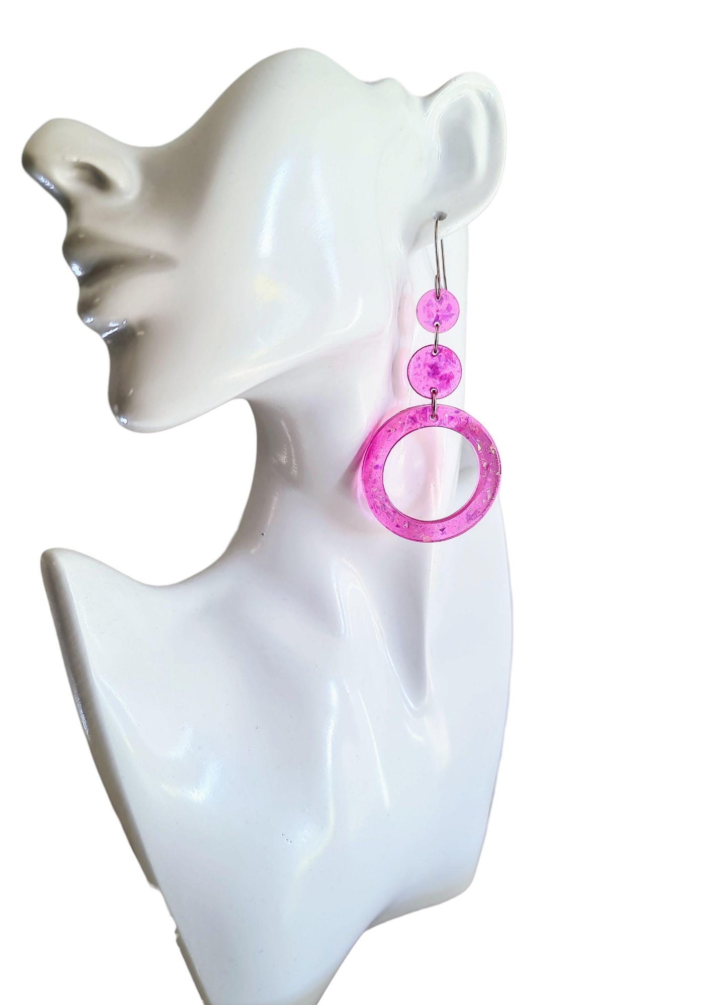 Iridescent Pink Circle Long Resin Earrings, Statement Holographic Handmade Glitter Earrings, Stainless Steel Hypoallergenic Earrings. Gift