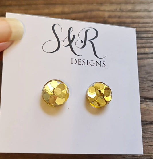 Gold Circle Dot Resin Stud Earrings, Gold Chunky Glitter Earrings. Stainless Steel Hypoallergenic Stud Earrings. 15mm, 12mm, 10mm or 8mm