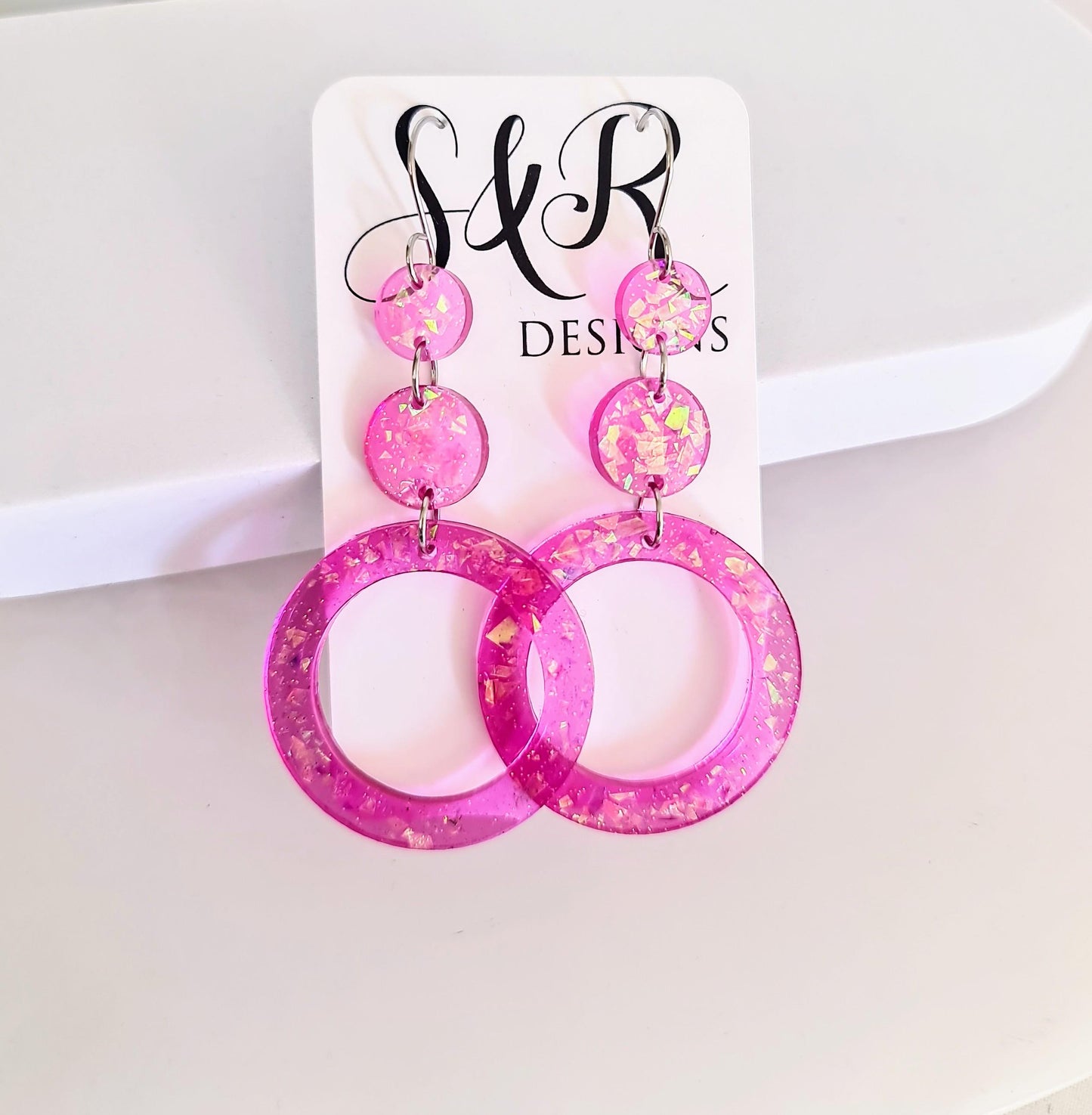 Iridescent Pink Circle Long Resin Earrings, Statement Holographic Handmade Glitter Earrings, Stainless Steel Hypoallergenic Earrings. Gift