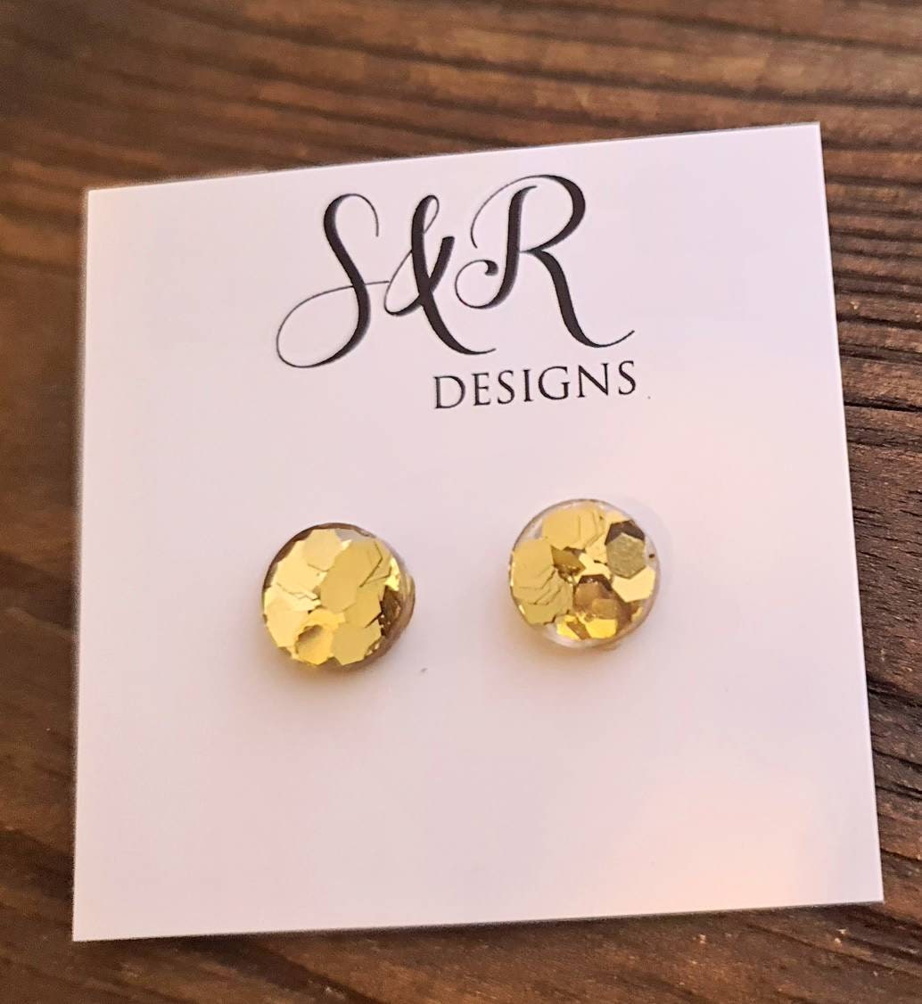 Gold Circle Dot Resin Stud Earrings, Gold Chunky Glitter Earrings. Stainless Steel Hypoallergenic Stud Earrings. 15mm, 12mm, 10mm or 8mm