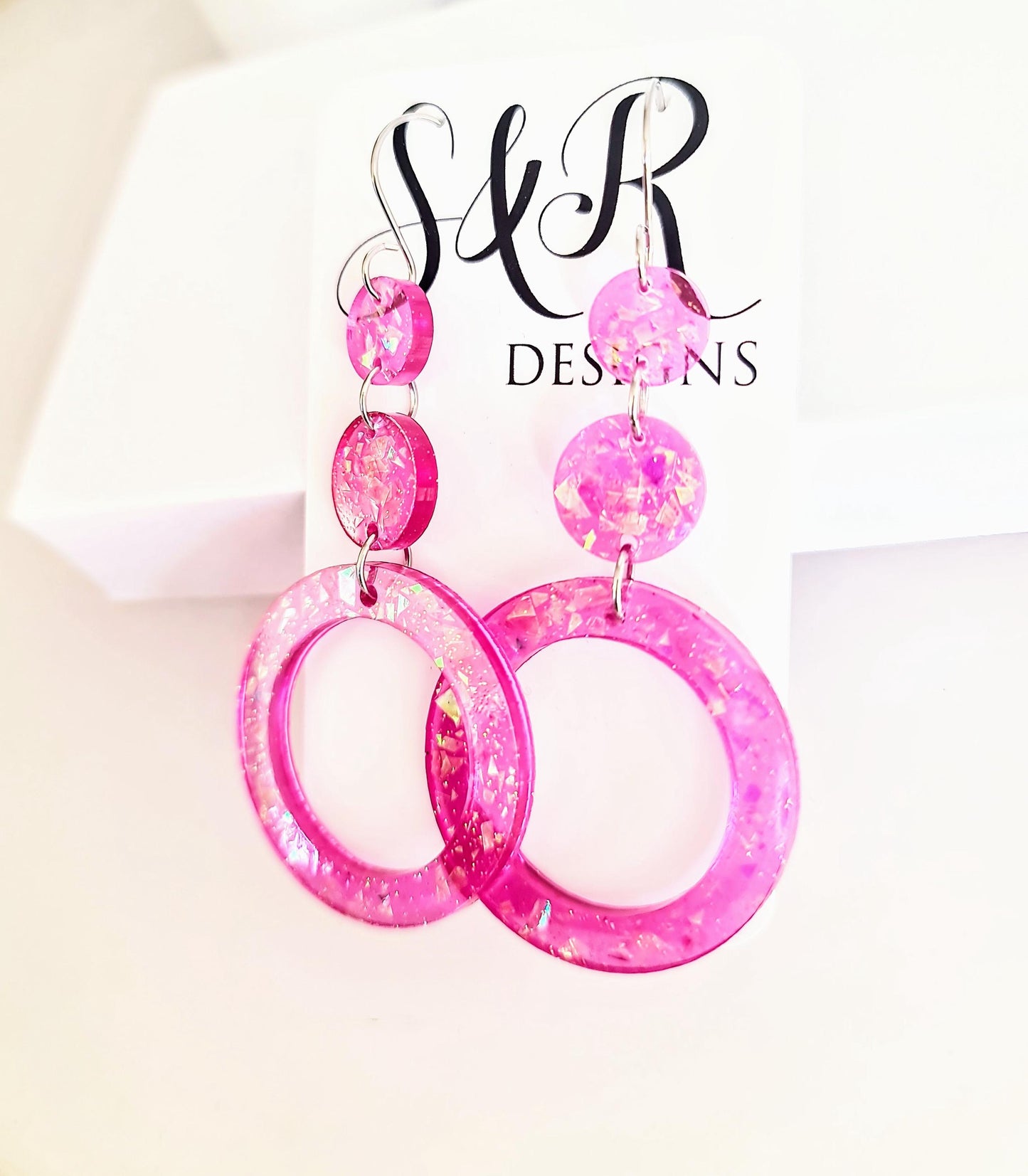 Iridescent Pink Circle Long Resin Earrings, Statement Holographic Handmade Glitter Earrings, Stainless Steel Hypoallergenic Earrings. Gift