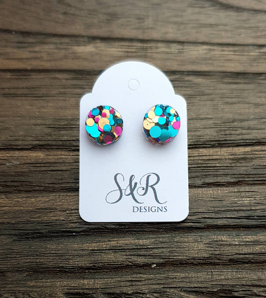 Circle Dot Resin Stud Earrings, Aqua Pink Rose Gold Glitter Earrings. Stainless Steel Minimalist Stud Earrings. 8mm, 10mm, 12mm or 15mm