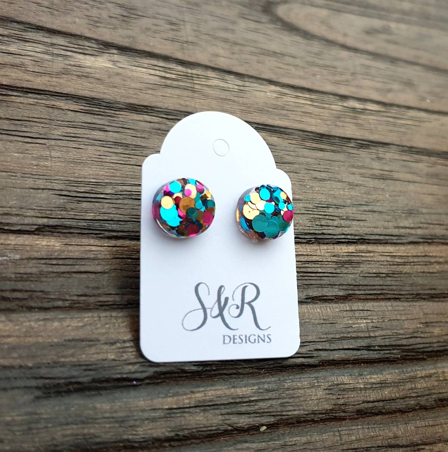 Circle Dot Resin Stud Earrings, Aqua Pink Rose Gold Glitter Earrings. Stainless Steel Minimalist Stud Earrings. 8mm, 10mm, 12mm or 15mm