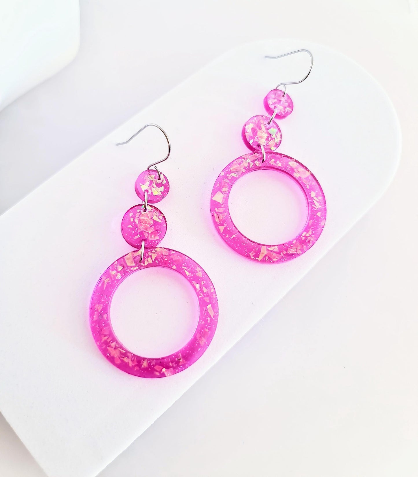 Iridescent Pink Circle Long Resin Earrings, Statement Holographic Handmade Glitter Earrings, Stainless Steel Hypoallergenic Earrings. Gift