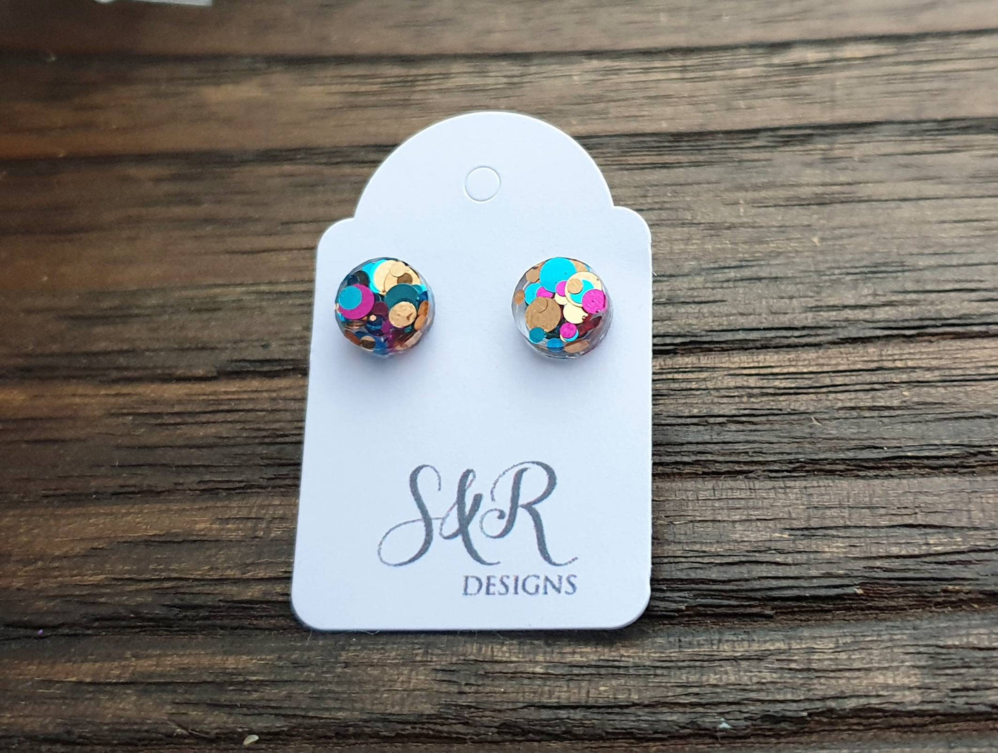 Circle Dot Resin Stud Earrings, Aqua Pink Rose Gold Glitter Earrings. Stainless Steel Minimalist Stud Earrings. 8mm, 10mm, 12mm or 15mm
