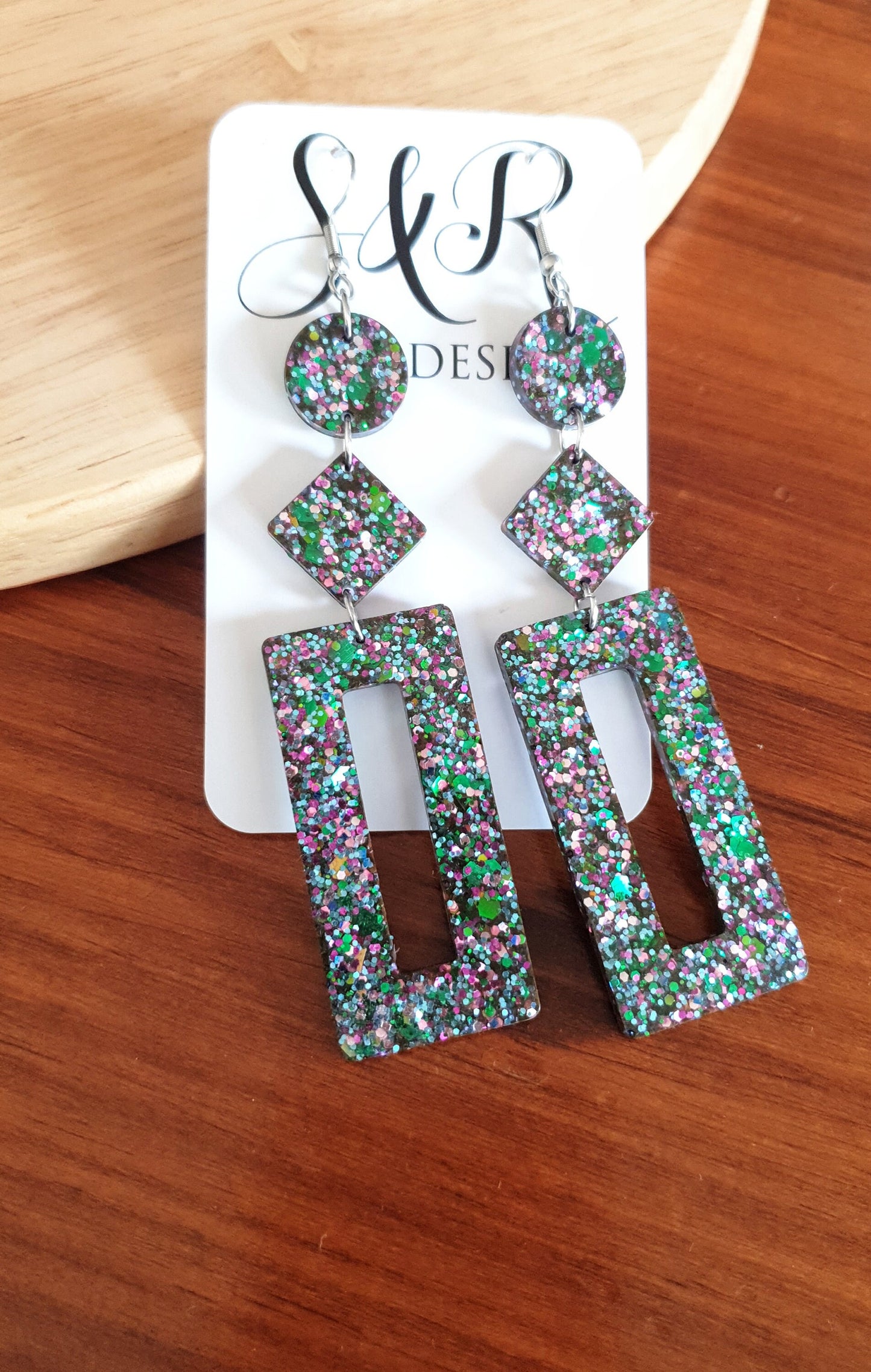Multicoloured Rectangle Long Dangle Earrings, Statement Silver Blue Green Pink Glitter Handmade, Extra Long Dangle Earrings, 10.5cm Long