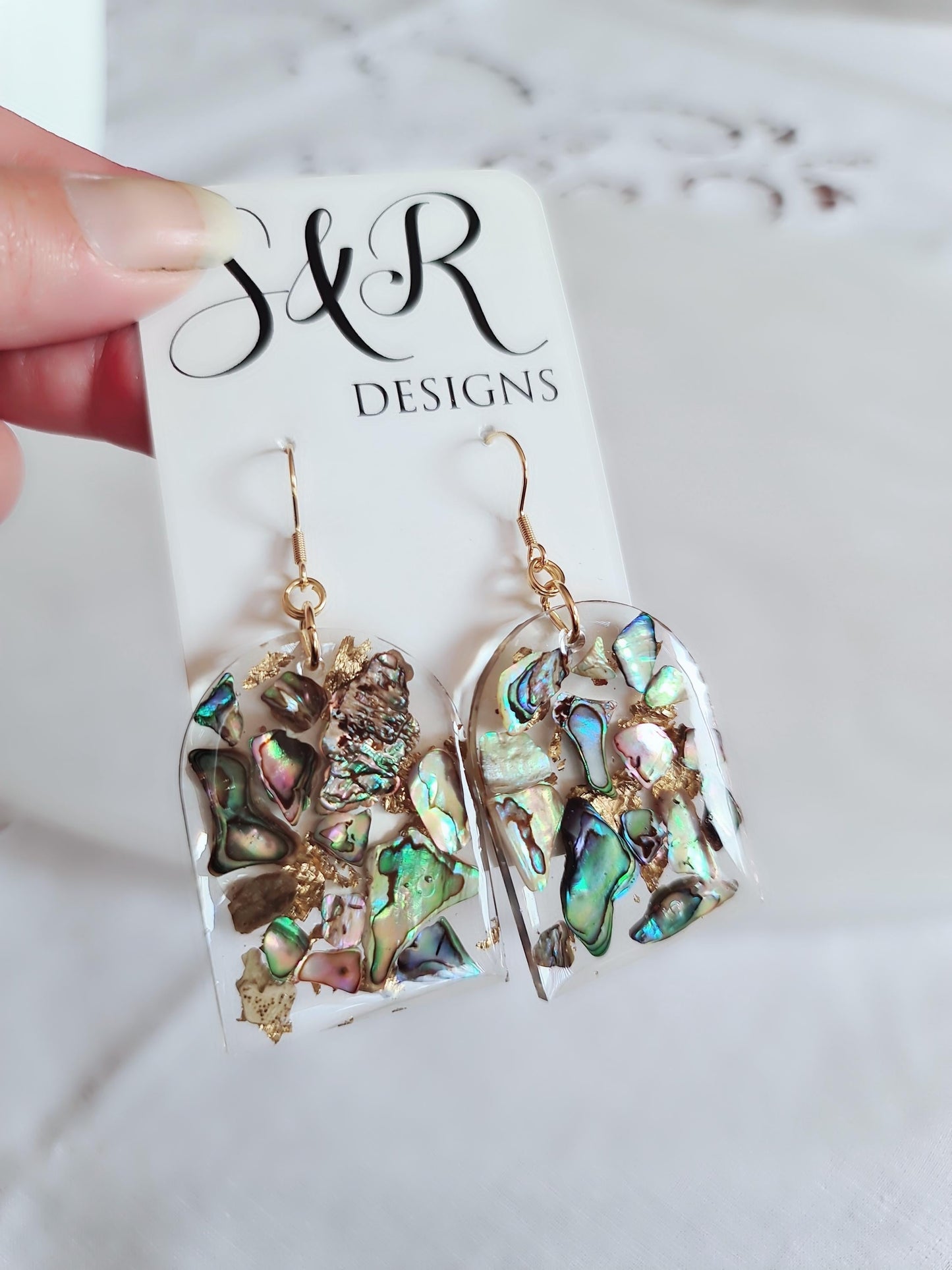 Natural Paua Shell Gold Leaf Drop Earrings, Glamour Glitter Arch Dangles, Handmade Resin, Statement Earring