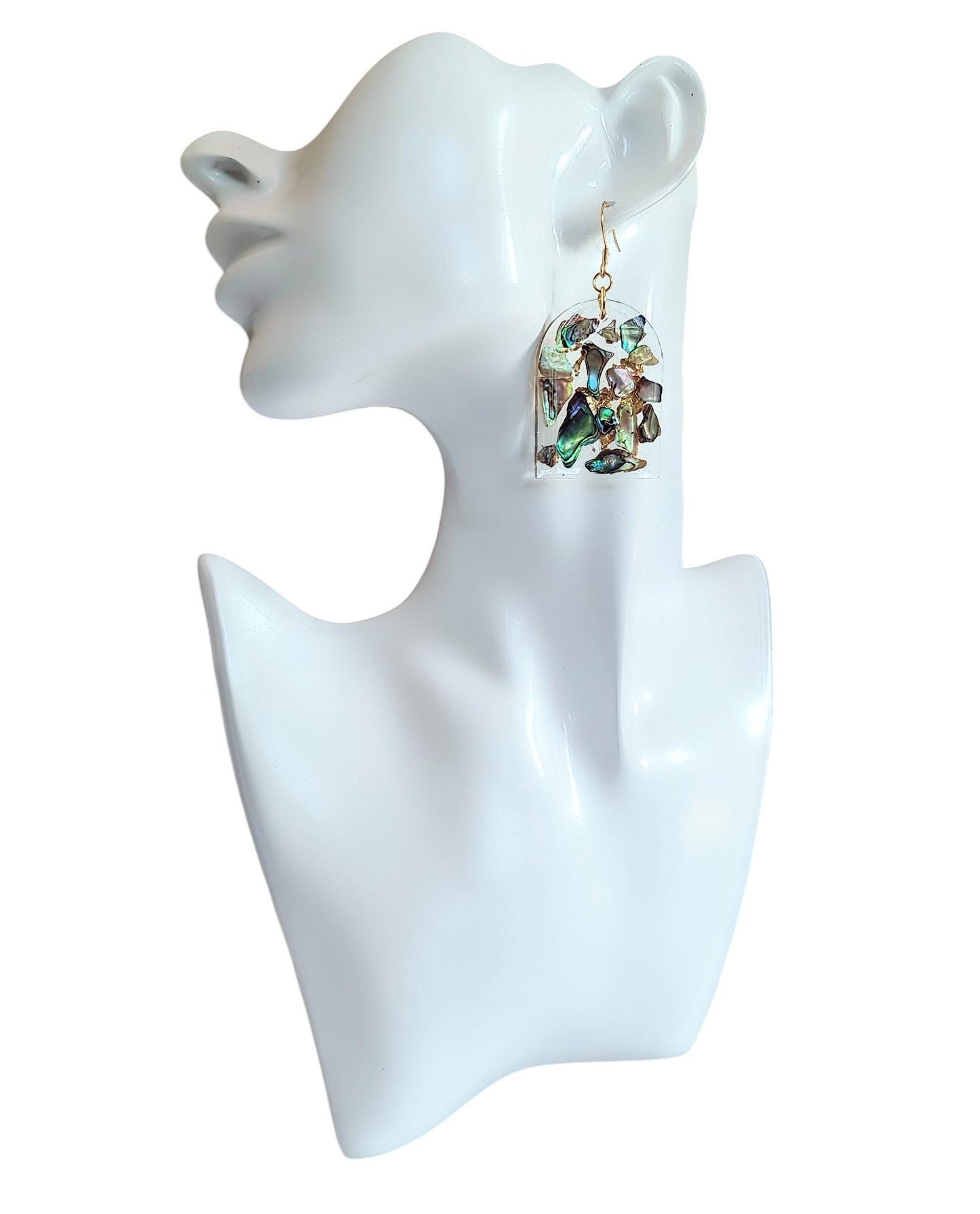 Natural Paua Shell Gold Leaf Drop Earrings, Glamour Glitter Arch Dangles, Handmade Resin, Statement Earring