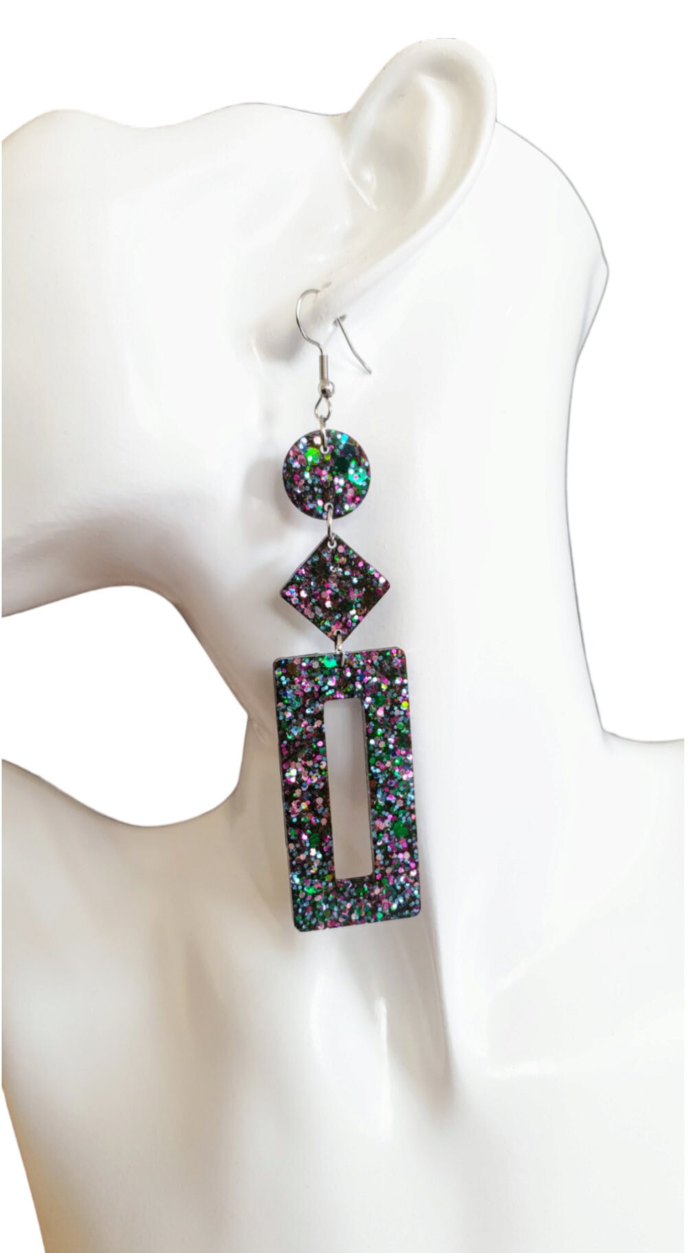 Multicoloured Rectangle Long Dangle Earrings, Statement Silver Blue Green Pink Glitter Handmade, Extra Long Dangle Earrings, 10.5cm Long