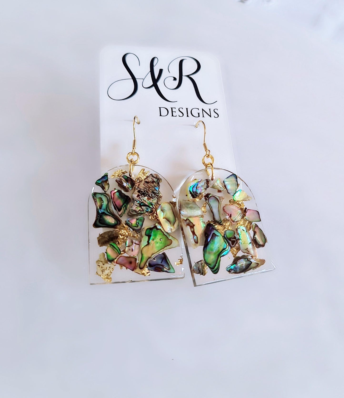 Natural Paua Shell Gold Leaf Drop Earrings, Glamour Glitter Arch Dangles, Handmade Resin, Statement Earring