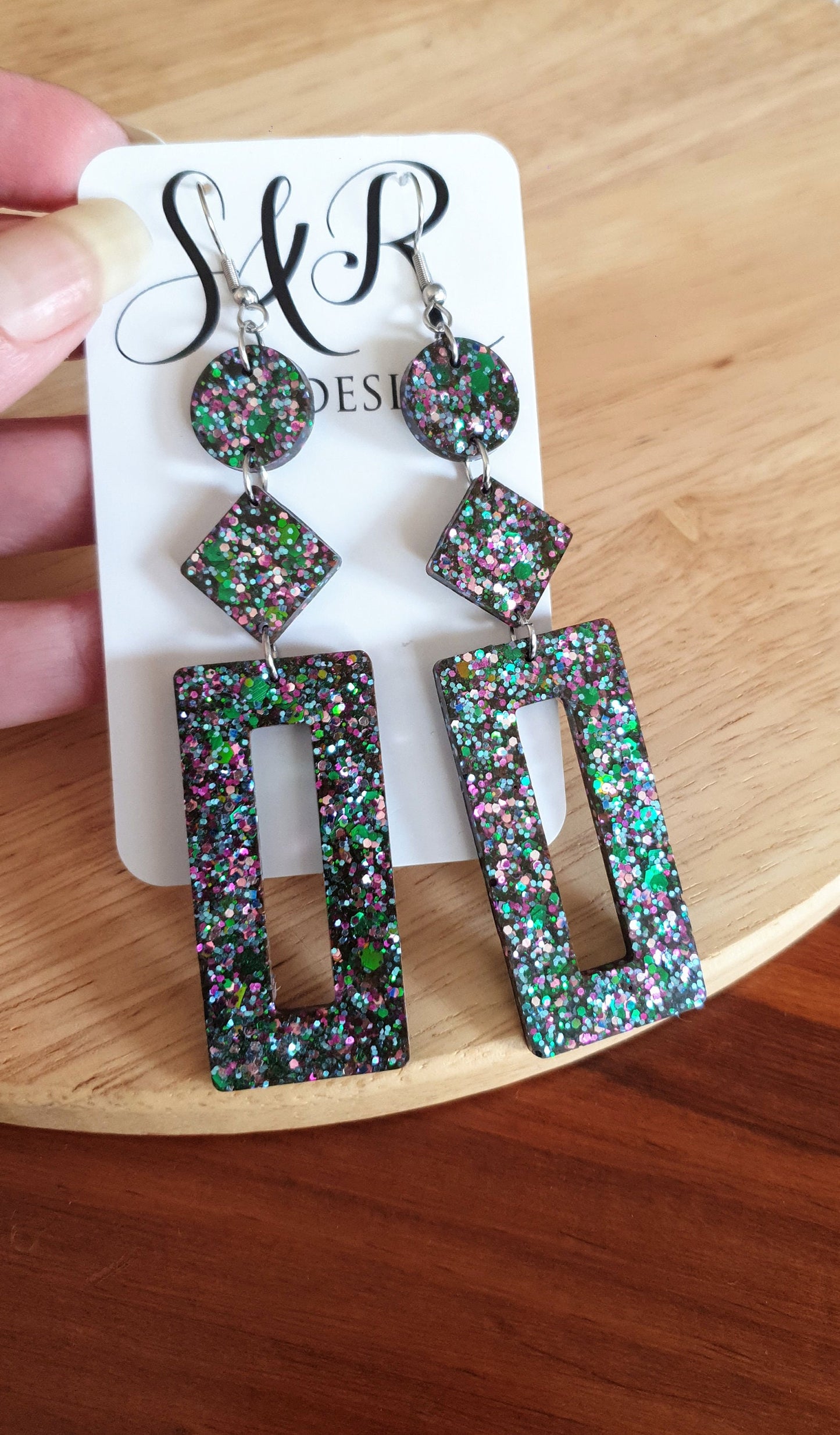 Multicoloured Rectangle Long Dangle Earrings, Statement Silver Blue Green Pink Glitter Handmade, Extra Long Dangle Earrings, 10.5cm Long