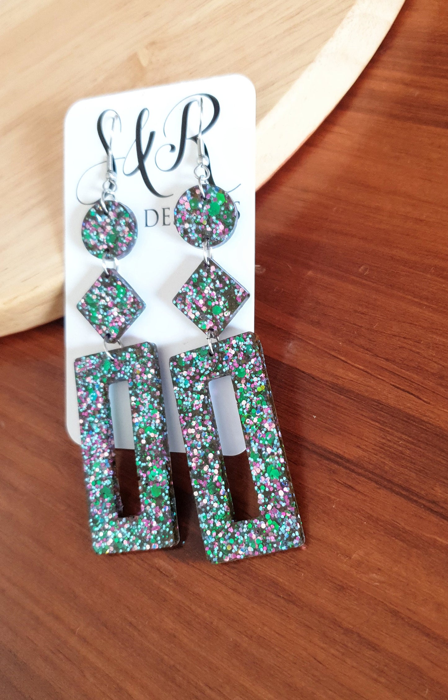 Multicoloured Rectangle Long Dangle Earrings, Statement Silver Blue Green Pink Glitter Handmade, Extra Long Dangle Earrings, 10.5cm Long