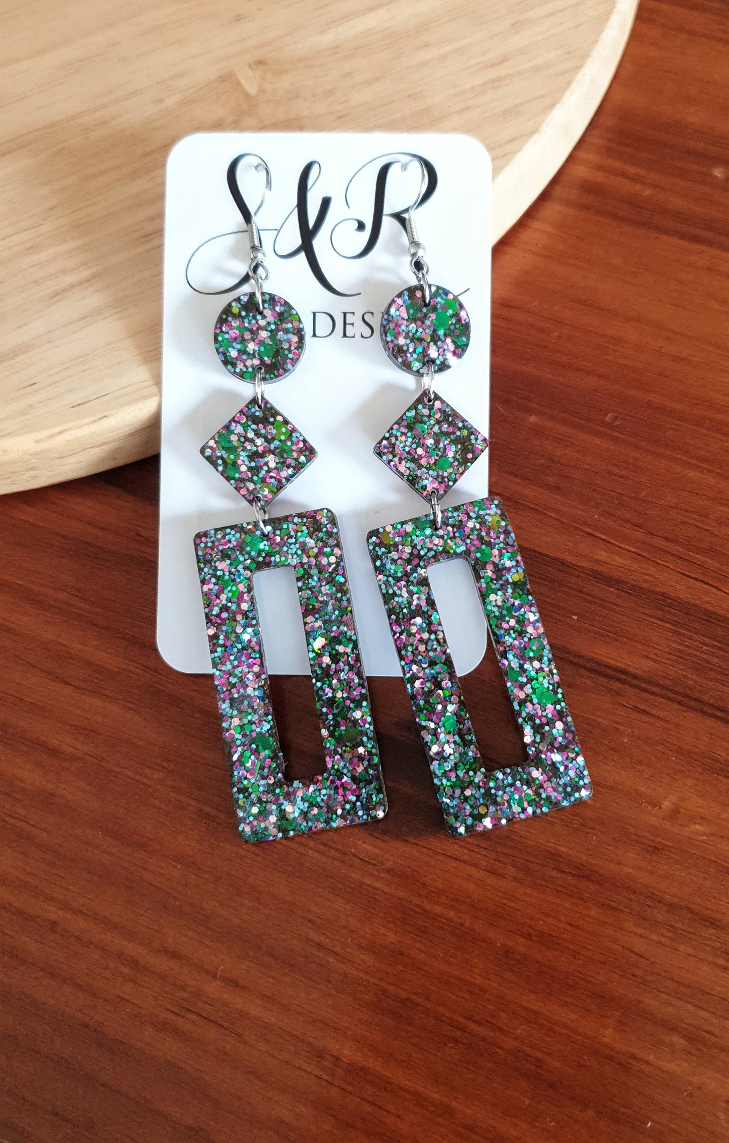 Multicoloured Rectangle Long Dangle Earrings, Statement Silver Blue Green Pink Glitter Handmade, Extra Long Dangle Earrings, 10.5cm Long